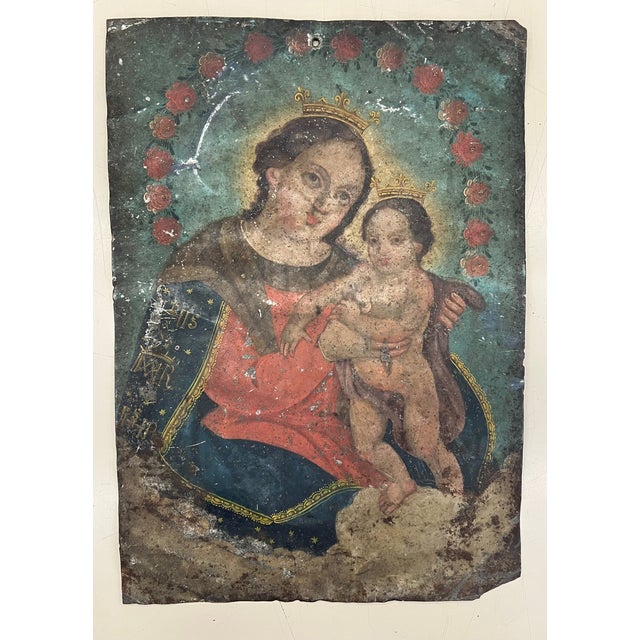 19th Century Virgin Mary and Christ Child Retablo, Oil on Tin For Sale - Image 11 of 13
