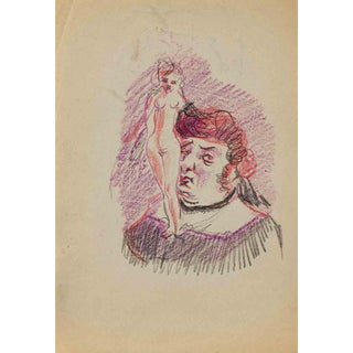 Mino Maccari, The Dream, Nude, Charcoal and Pastel Drawing, 1950s For Sale