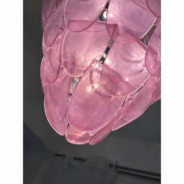 Luxury modern chromed chandelier with pink "petals" in murano glass. hand-made in murano glass , all made in italy ,a...