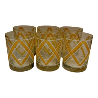 Mid 20th Century Mid-Century Georges Briard Yellow and White Geometric Rock Glasses - Set of 6 For Sale
