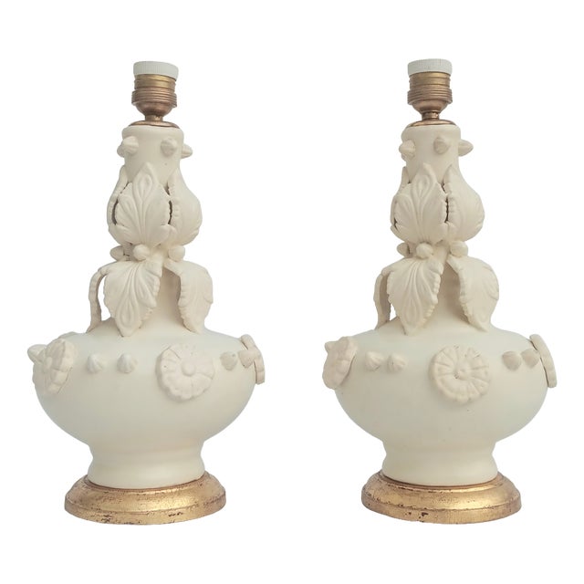 Spanish Ceramic Leaves Lamps from Manises, 1950s, Set of 2 For Sale
