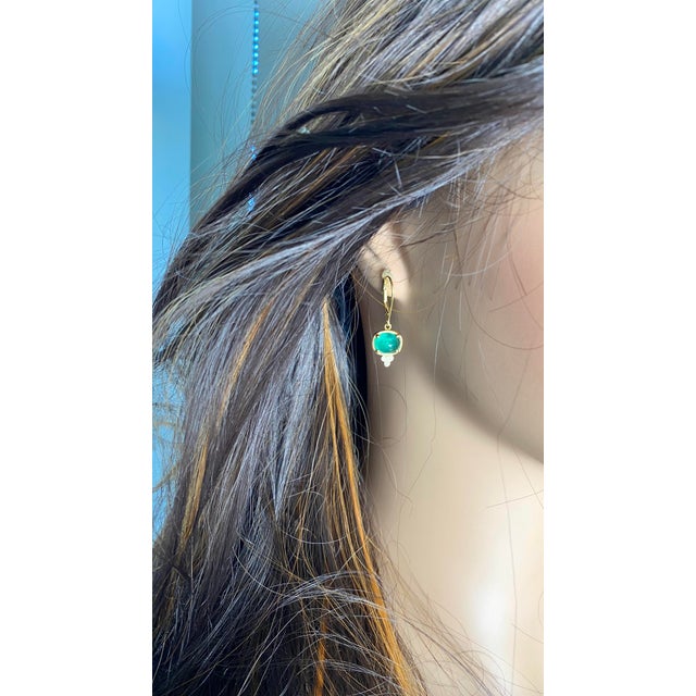 14k Yellow Gold Colombian Cabochon Emerald and Diamond Lever Back Hoop Earrings - 2 Pieces For Sale - Image 10 of 10