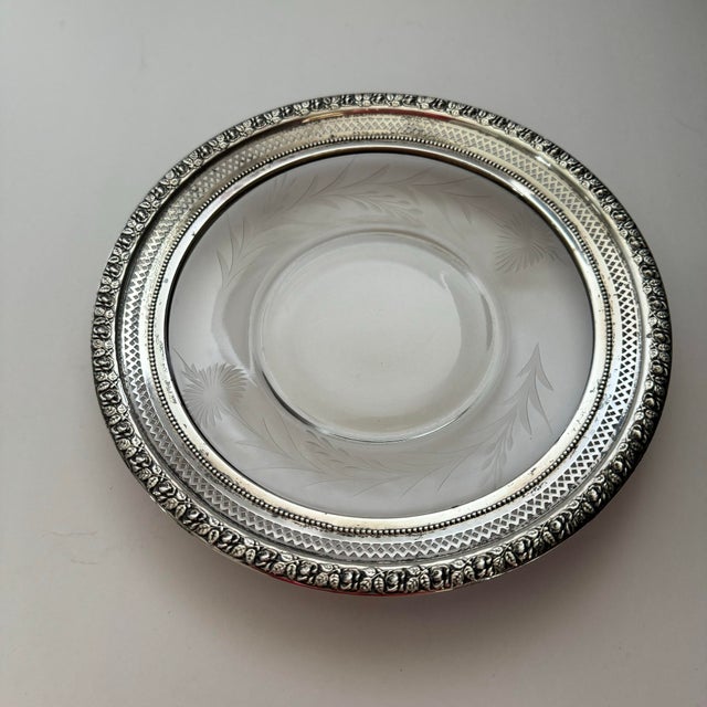 Vintage Wallace Sterling Silver Rimmed Plate Etched Cut Glass Thistle For Sale - Image 9 of 11