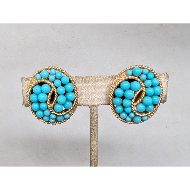 Vintage Signed Crown Trifari Cabochon Faux-Turquoise Clip Earrings-2 Pieces For Sale In Philadelphia - Image 6 of 8