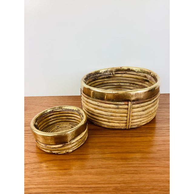 Gabriella Crespi Vintage Pair of Gabriella Crespi Style Pencil Reed Rattan & Brass Round Basket Tray / Trays For Sale - Image 4 of 5