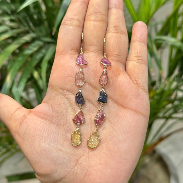 Asian Antique 14.75ct Rainbow Sapphire Uncut Antique Style Dangle Earrings in 14k Gold- A Pair For Sale - Image 3 of 14