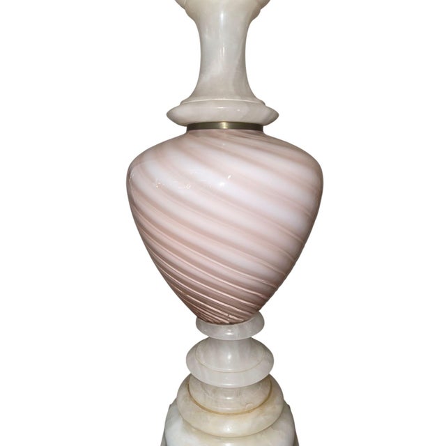 Mid-20th Century Pair of Italian Pink Murano Glass & Alabaster Lamps For Sale In Los Angeles - Image 6 of 10