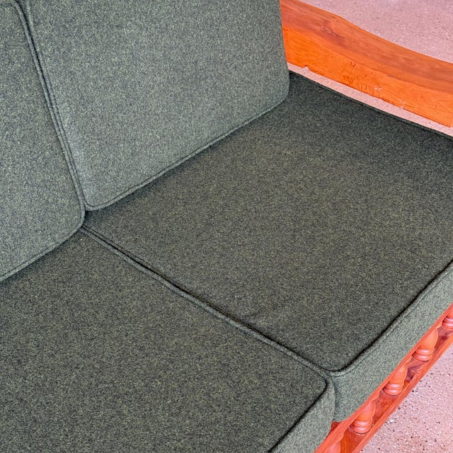 Green 1970s Brutalist Carved Pine Sofa in Green Wool For Sale - Image 8 of 10