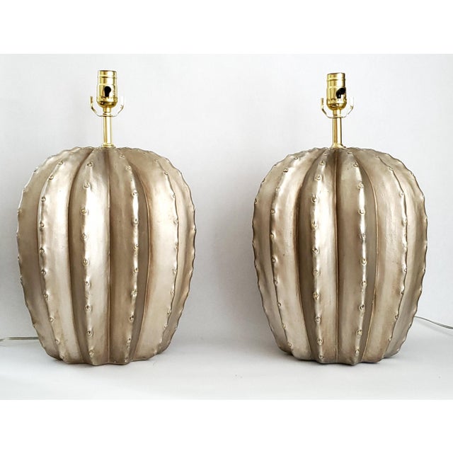 Late 19th Century Late 20th Century Large Silver Painted Plaster Cactus Table Lamps - A Pair For Sale - Image 5 of 11