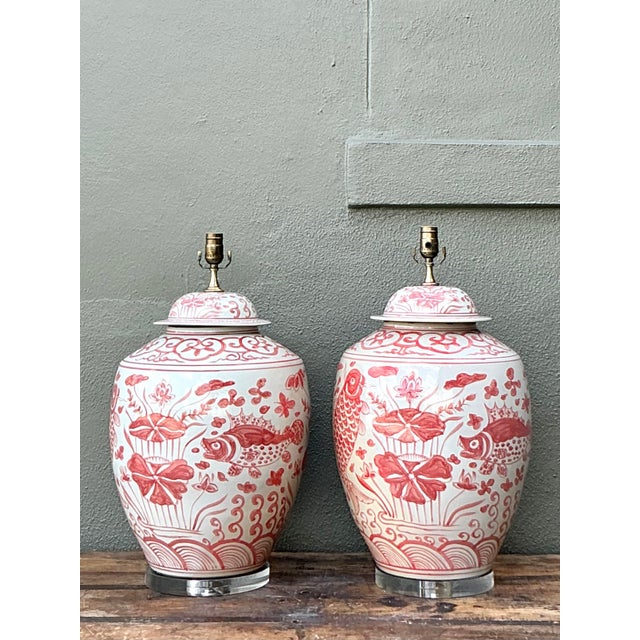 Chinoiserie Vintage Boho Glazed Ceramic Fish Lamps - A Pair For Sale - Image 3 of 7