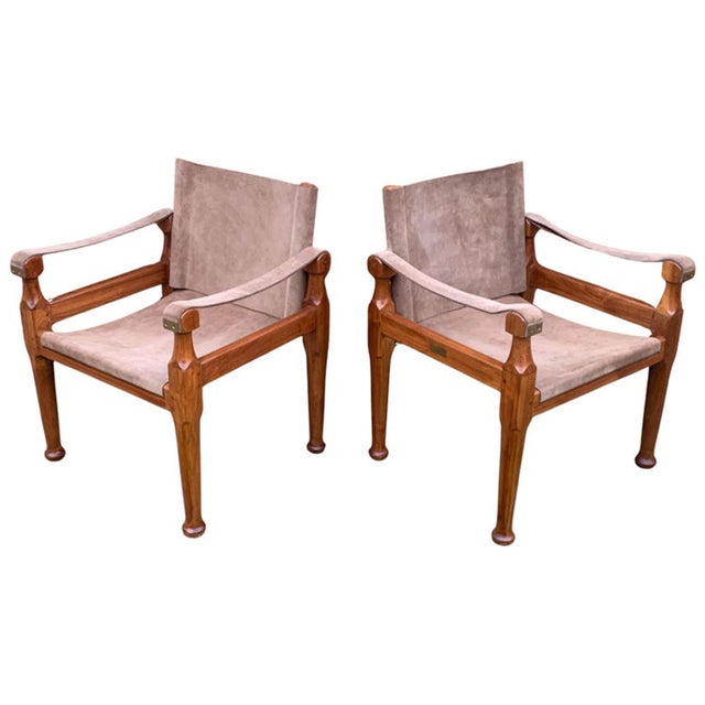Suede and Teak Open Frame Safari Chairs with Sling Arms, 2000s, Set of 2 For Sale - Image 6 of 14