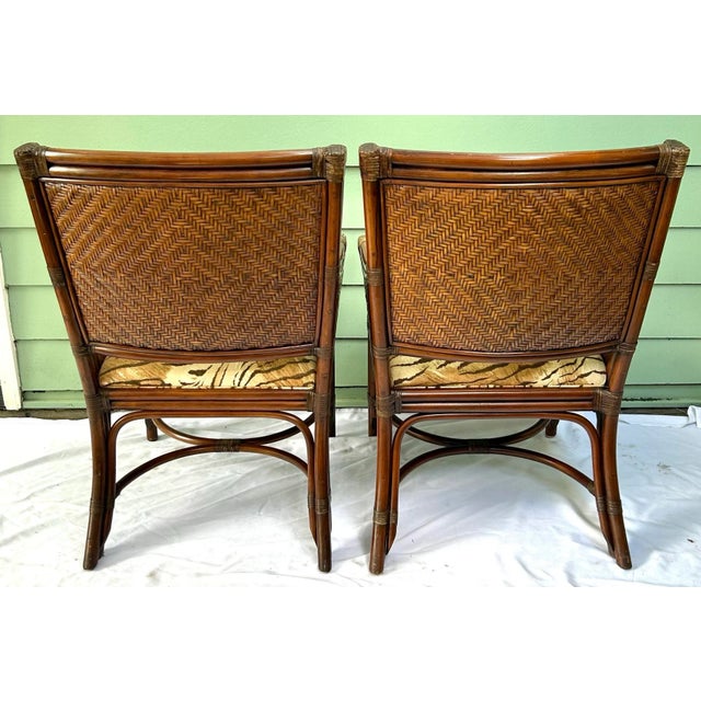 1990s Vintage Bamboo & Rattan Arm Chairs – Pair of Wicker Dining or Accent Chairs With Upholstered Seats For Sale - Image 5 of 10