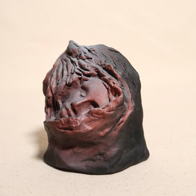 Handmade Figurative Ceramic Surreal Veiled Detailed Face Bust Sculpture in Charcoal and & Mauve Glaze For Sale - Image 10 of 17
