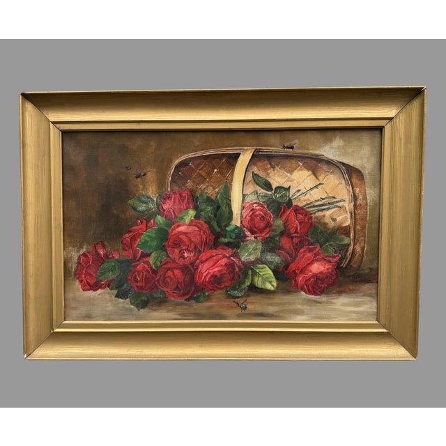 Early 20th Century Antique Victorian Still Life Oil Painting on Canvas Basket of Roses With Bees For Sale - Image 5 of 8