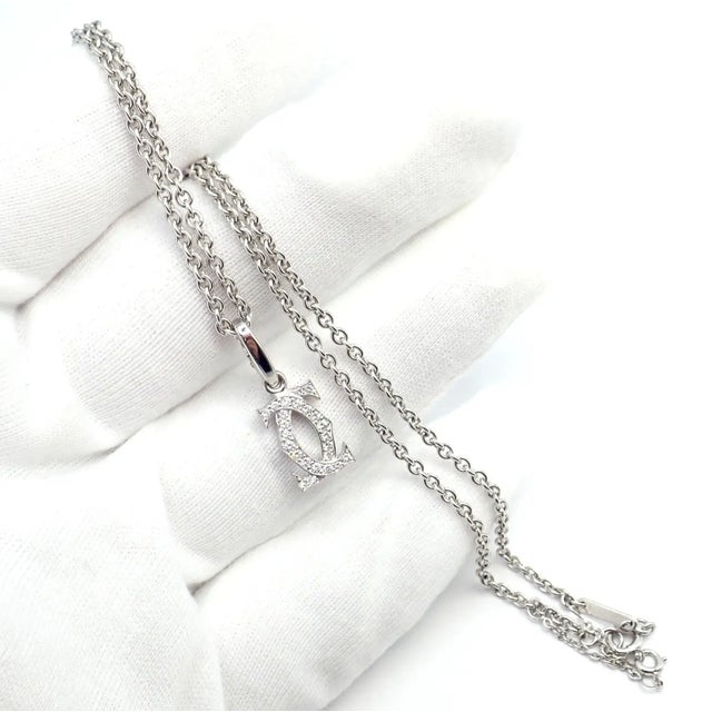 Cartier Double C 18k White Gold Diamond Pendant Necklace For Sale - Image 11 of 12