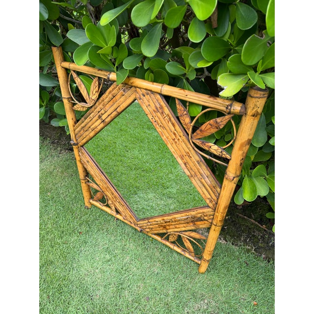 Boho Chic Vintage Bamboo & Rattan Leaf Motif Wall Mirror For Sale - Image 3 of 11