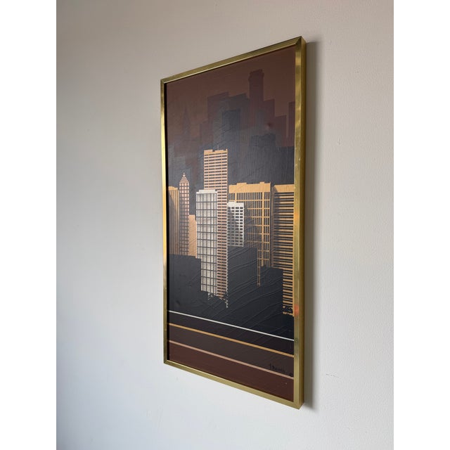 1970s Vintage Franco Modernist Cityscape Acrylic on Canvas Painting – Gold Aluminum Frame For Sale - Image 4 of 11