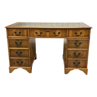 Vintage English Flat Desk with Drawers in Yew Wood with Leather Top, 1970s For Sale