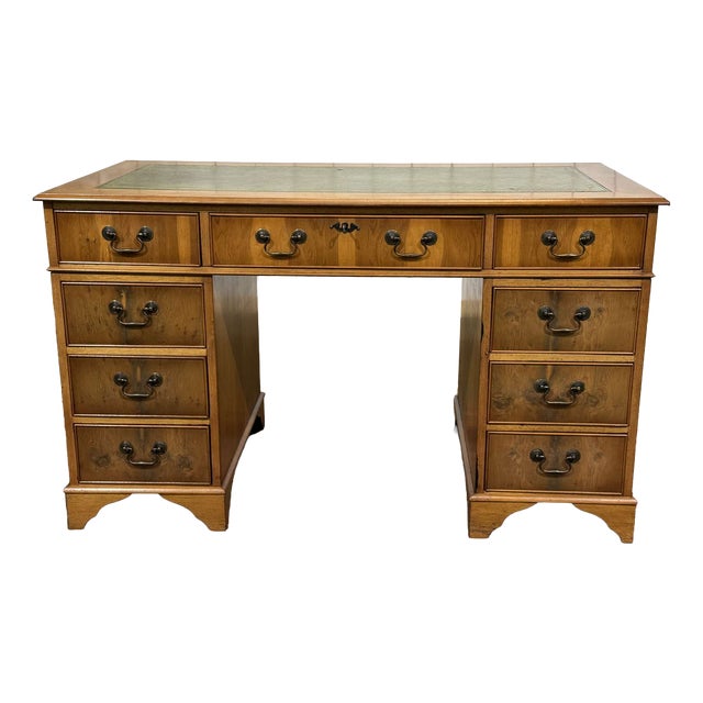 Vintage English Flat Desk with Drawers in Yew Wood with Leather Top, 1970s For Sale