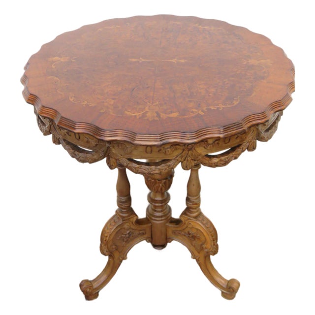 Side TableEarly 1900s French Inlay Carved Burlwood Side End Center Table 6226 For Sale