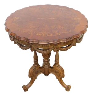Side TableEarly 1900s French Inlay Carved Burlwood Side End Center Table 6226