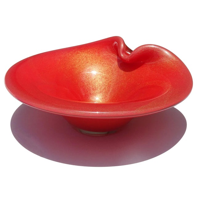 Mid-Century Modern Murano Vintage Persimmon Orange Gold Flecks Italian Art Glass Flared Rim Decorative Center Bowl For Sale - Image 3 of 9