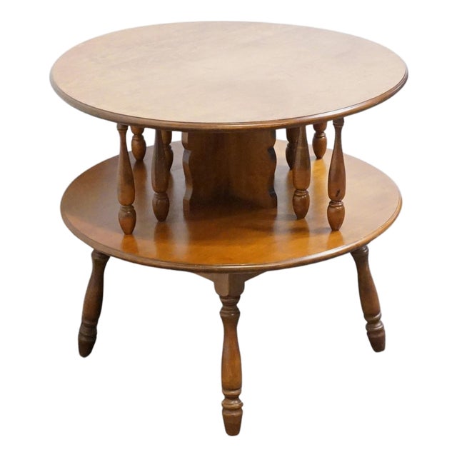 Heywood Wakefield Solid Maple Early American Colonial 28" Tiered Round Drum Accent End Table 1476 - Cinnamon Finish For Sale