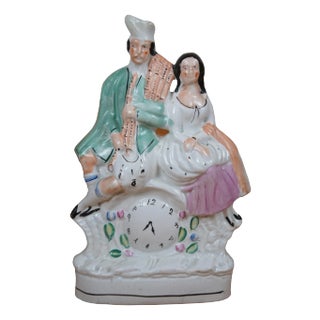 Antique Staffordshire Scottish Highland Couple Bag Pipes Clock Figurine For Sale