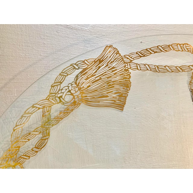 Hollywood Regency Vintage Oval Transparent Glass Tray With Four Gilt Tassel Decoration For Sale - Image 3 of 6