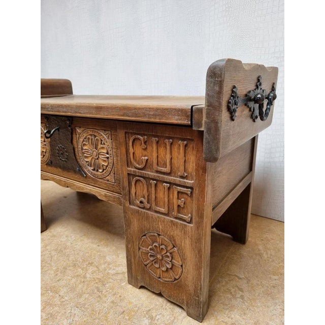 1960s Brutalist Oak Hall Chest Bench with Black Iron Hardware, 1960s For Sale - Image 5 of 13