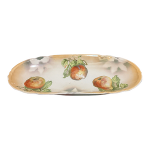 Antique Hand-Painted Porcelain Celery Dish – Fruit Motif (Peaches, Pears, Apples) – Scalloped Edge