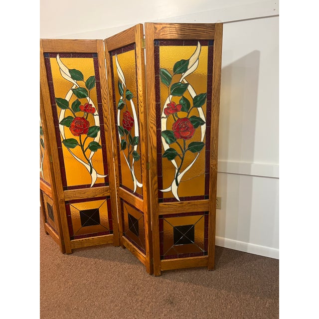 1970s 1970s Stained Glass Oak Framed Rose and Vine Pattern Room Divider For Sale - Image 5 of 9