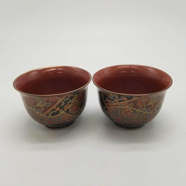 Japanese Vintage Arita Ware Seirangama “Shosoin Motif” Tea Cups –Red & Gold Floral Design Set 2 For Sale - Image 4 of 17