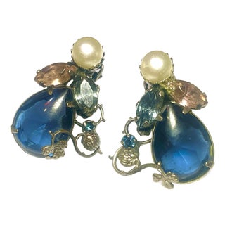 Vintage Large Faux Sapphire Teardrop Blue Earrings With Thistle and Shamrock Clip Back Earrings., A Pair For Sale