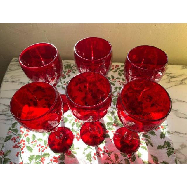Vintage Ruby Red Handblown Glass Water Goblets Set of 6 For Sale - Image 9 of 12