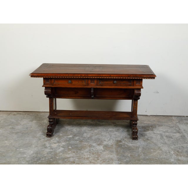 Early 19th Century Italian 1800s Walnut Trestle Base Table with Two Drawers and Carved Motifs For Sale - Image 5 of 12