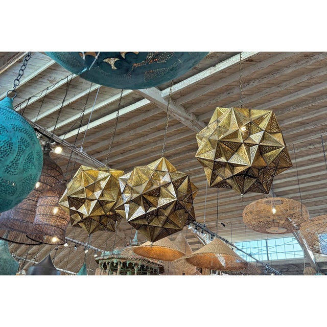 Brass Vintage Indian Brass Origami Star Pendant Light Large For Sale - Image 8 of 9