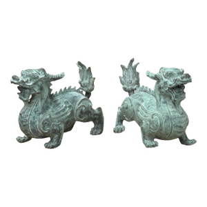 Pair Chinese Rustic Oxidized Patina Fengshui Pixiu Metal Figure