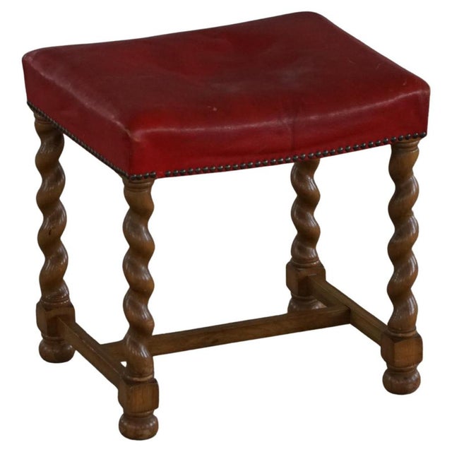 Vintage Danish Oak Barley Twist Stool with Red Leather Seat, 1930s For Sale - Image 16 of 16