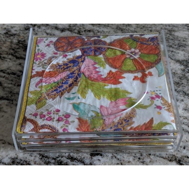 Vintage Lucite Coasters With Tobacco Leaf Napkins in Lucite Tray- Set of 5 For Sale In Charlotte - Image 6 of 11