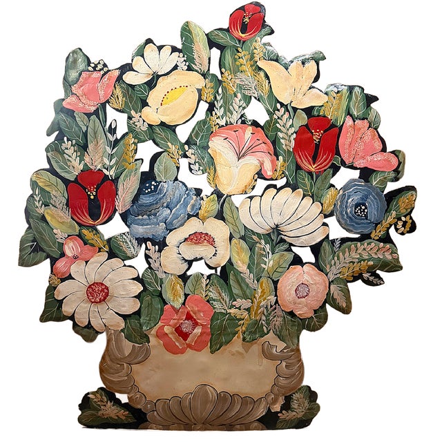 This is vintage whimsical Folk Art hand-painted tole fireplace screen featuring an charming bouquet of stylized garden...