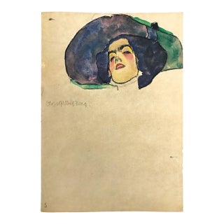 1960s Schiele Lithograph 1 Woman Head With Wide Brimmed Hat Reproduction For Sale