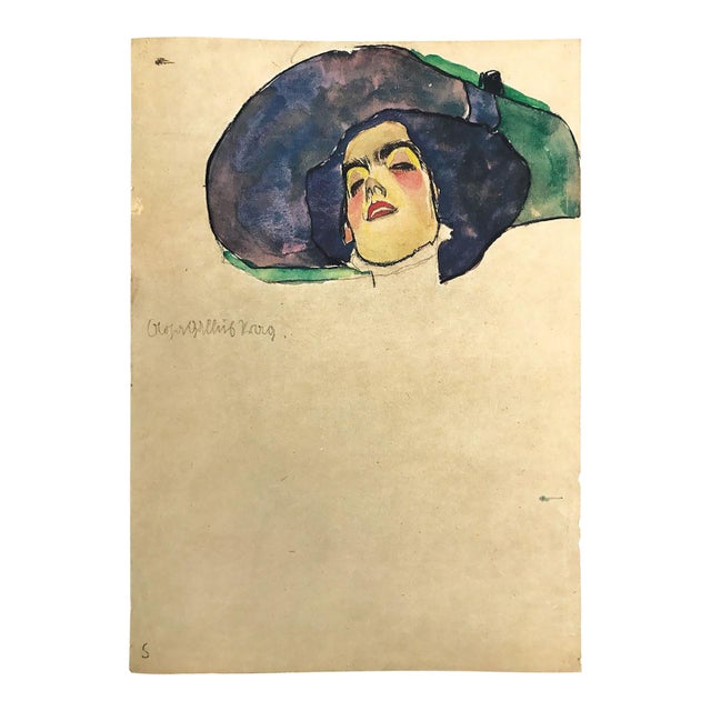 1960s Schiele Lithograph 1 Woman Head With Wide Brimmed Hat Reproduction For Sale