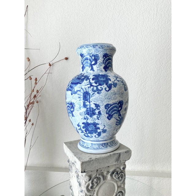 Late 20th-Century Contemporary Blue White Chinoiserie Earthenware Vase For Sale - Image 4 of 13