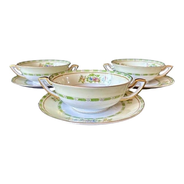 Vintage Meito China Floral Grafton Handled Bowl and Saucer 3 Sets For Sale