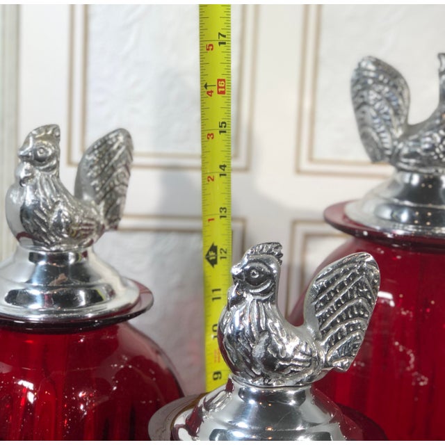 Mexican Hand Crafted Red Glass Pewter Rooster Lid Canisters