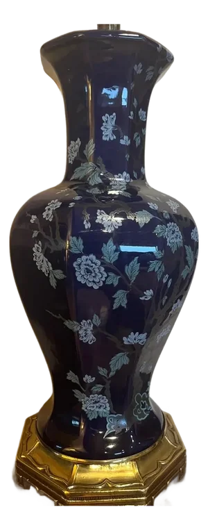 1970s Chinoiserie Cobalt Blue Porcelain Lamp - Heavy 6lb Greek Key Brass Base