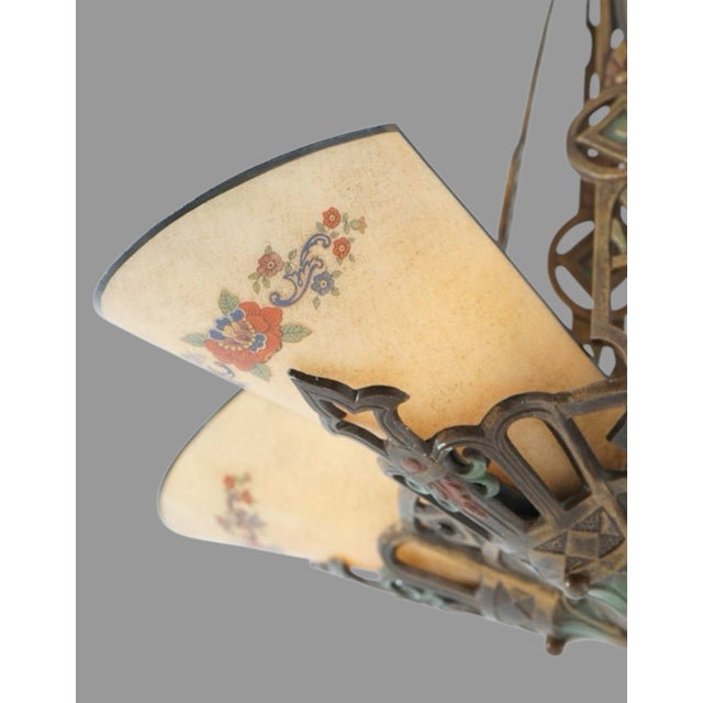 Metal Early 20th Century Art Deco Paint Decorated Hanging Lamp Light Floral Painted Art Glass Slip Shades For Sale - Image 7 of 12