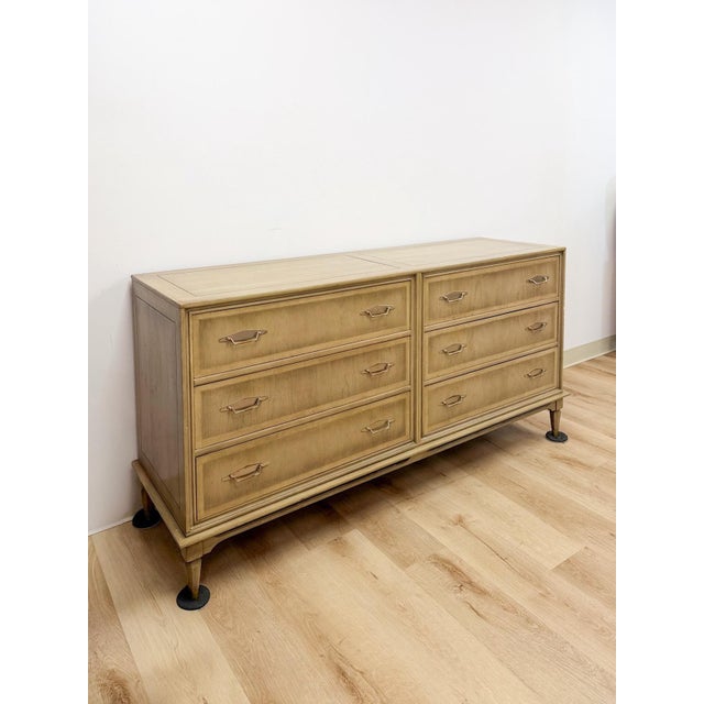 Vintage MCM Gray Washed Blonde Dresser Six Drawer With Metal Handles For Sale - Image 4 of 13