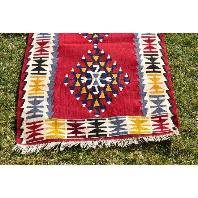 Textile 1980 Turkish Red Geometric Oushak Kilim For Sale - Image 7 of 13